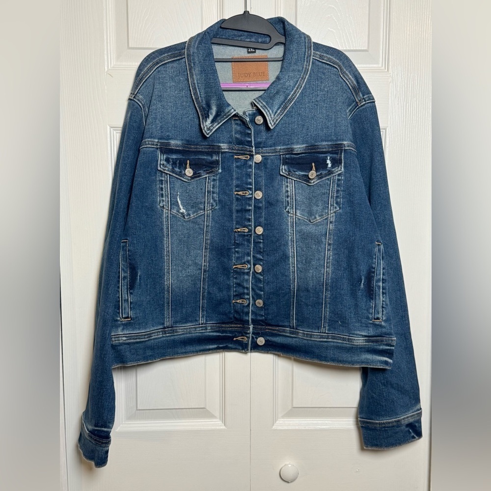 Judy Blue Distressed Denim Jacket 2XL Dark Wash Stretch Jean Jacket NWT